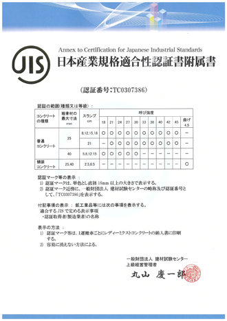 日本工業規格適合性認証書付属書