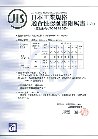 日本工業規格適合性認証書付属書